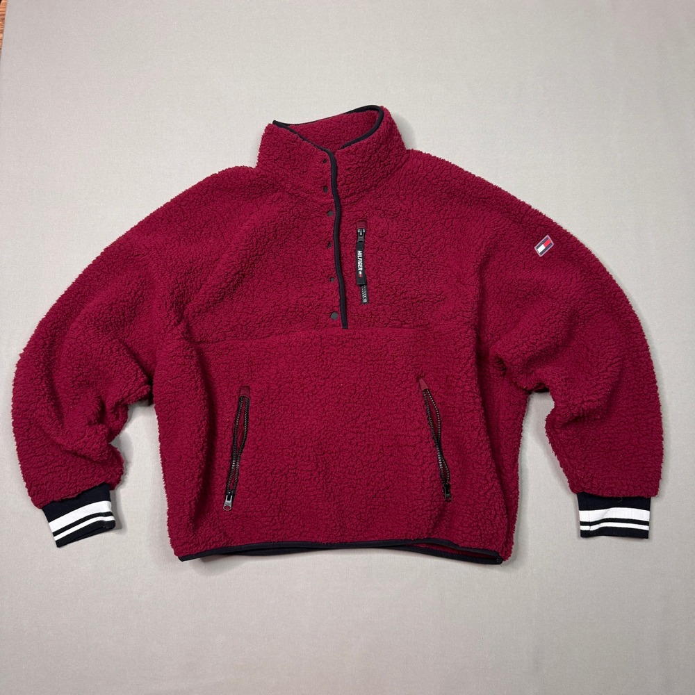 Tommy Hilfiger Sport Women XL Burgundy Sherpa Fleece Snap Pullover Jacket